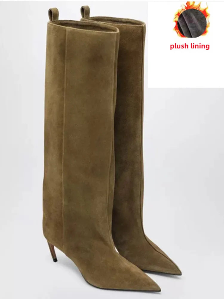 Women's Slim Fit High Heels Knee High Boots Autumn and Winter Fashion Women's Pointed Mid Top Boots, Large Women's Boots