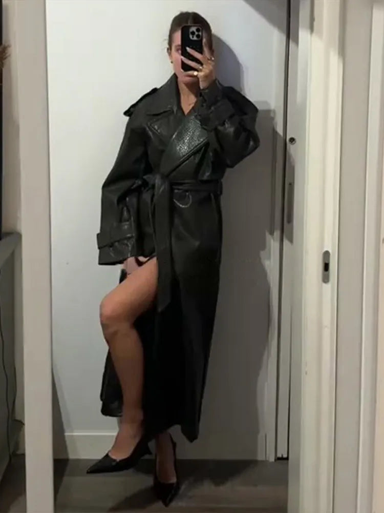 Double Breasted Lace up Long Leather Coat Woman Long Sleeves Loose Solid Color Casual Jackets Street Women's Early Autumn Coats