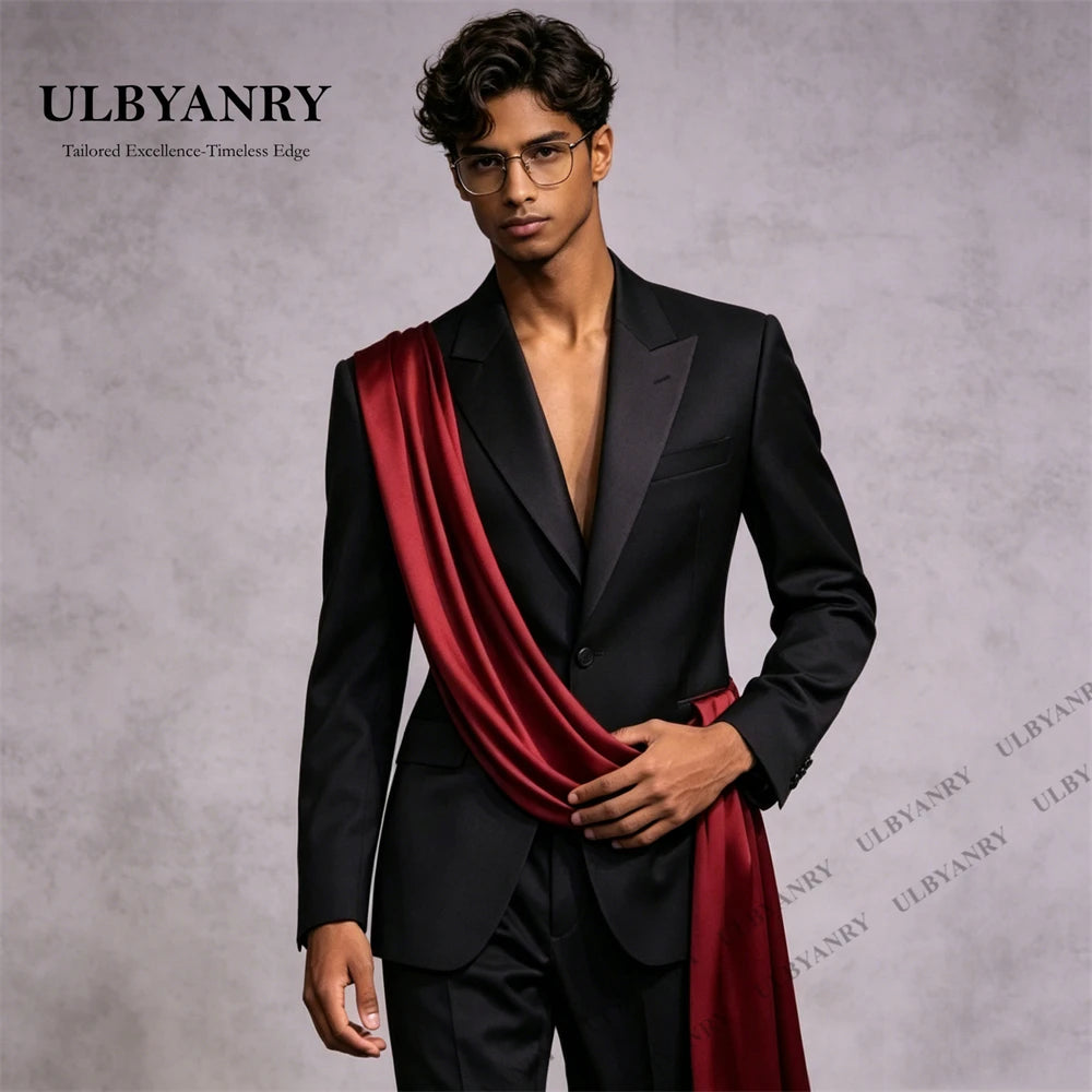 ULBYANRY Customized Satin Ribbon  Men's Black Suit Set, Jacket Pants Formal Events Suit, XXS-7XL Plus Size Tall Big Man Suits