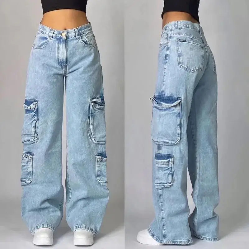 Fashion New Multi Pocket Washed Baggy Jeans Men And Women Low Waist Straight Leg Drawstring Closure High Elasticity Korean Style