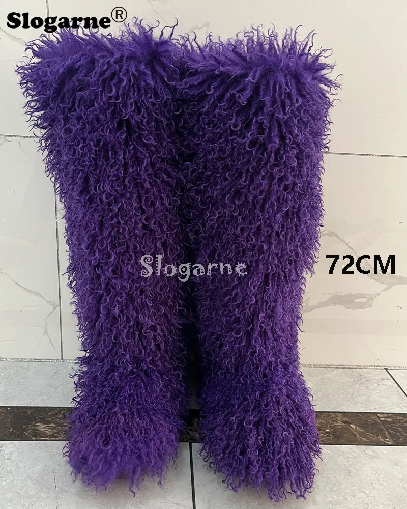 New Over The Knee Fur Boots Women Warm 72CM Long Faux Mongolian Fur Snow Boots Winter Luxury Fluffy Shoes Plush Platform Shoes
