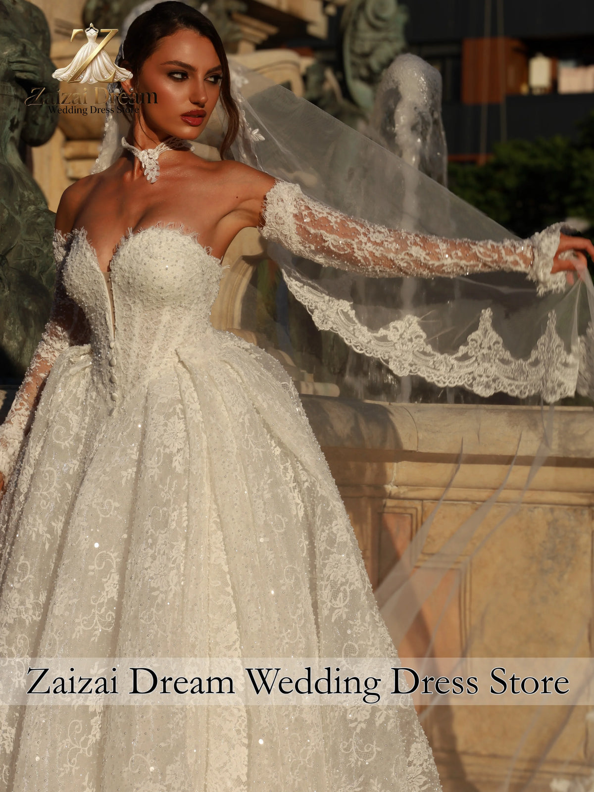 Customized Luxury Sparkly Lace Ball Gown Wedding Dress Sweetheart Deep V Off Shoulder Detachable Long Sleeves Vestido De Novia