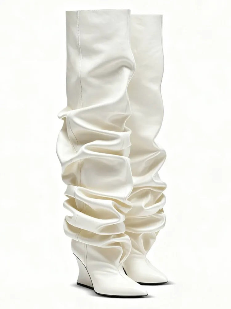 Women's Fashion Pointed Thick Soled Pleated Short Boots, Autumn and Winter Thick Heeled Long Boots, Sexy Runway Women's Boots