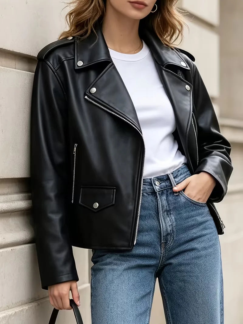 Women's Edgy Classic Faux Leather Moto Jacket Asymmetric Zip Biker Coat with Silver Details