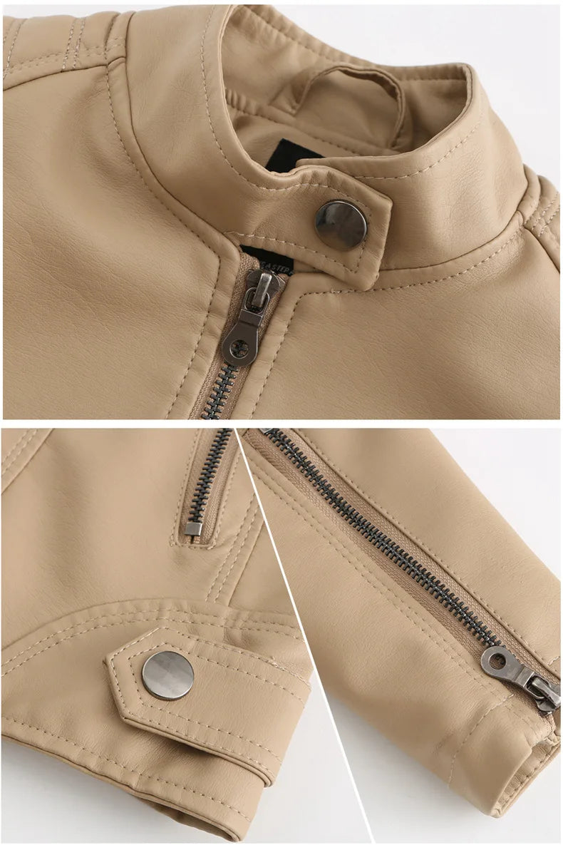 Women's Leather Jacket Women's Slim-Fit Jacket Thin Autumn Jacket Women's Biker Jacket Large Size Standing Collar Leather Jacket