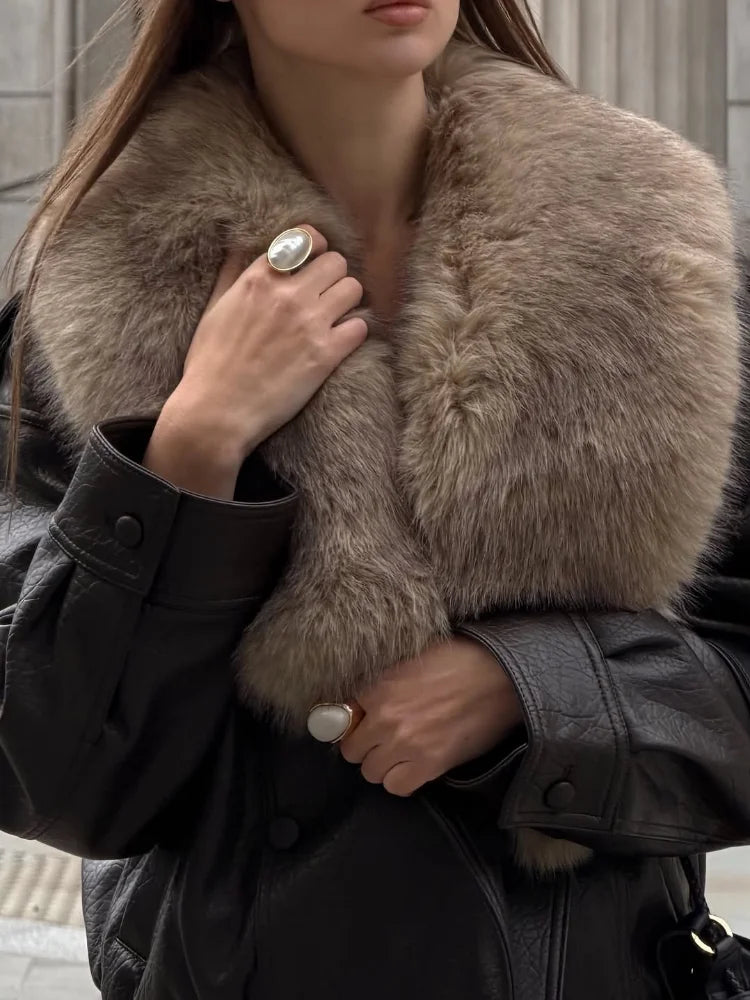 Women Collar Faux Fur Leather Jacket Pebbled Pu Cropped Coat Double Breasted Epaulet Loose Vintage  2026 Autumn Trendy Outerwear
