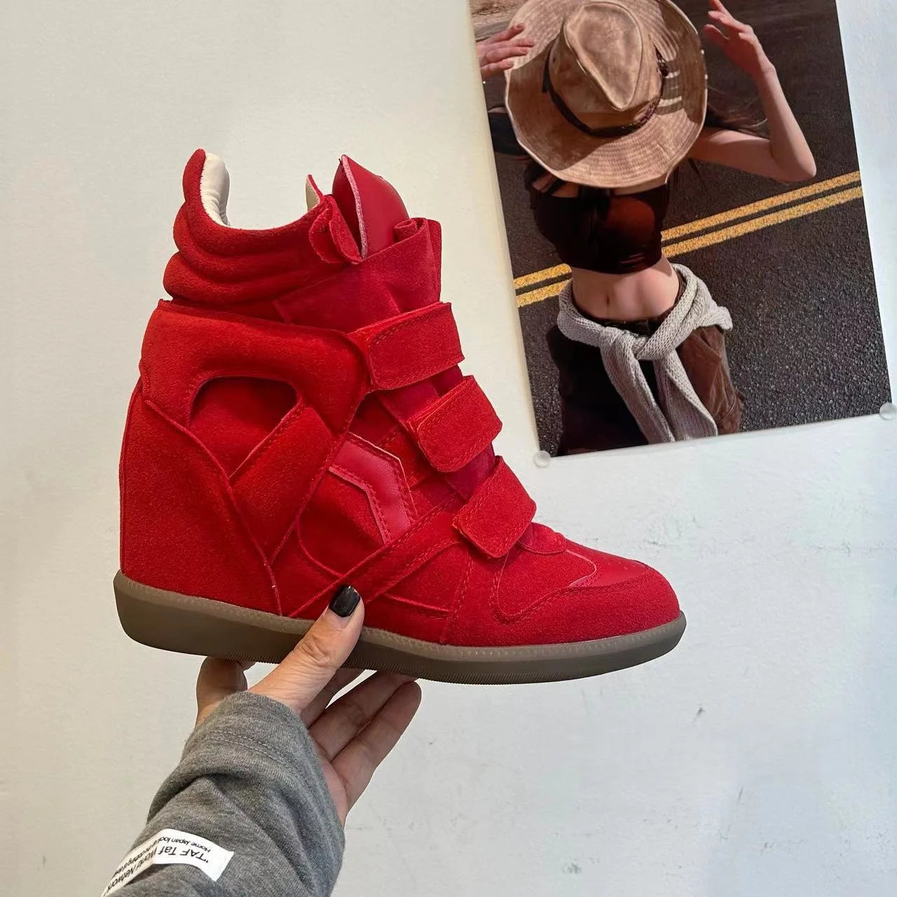 High Top Women's Sneakers New 2026 Autumn Winter Ankle Boots Thick Bottom Leather Casual Shoes Wedge Heels Hook&Loop Sport Shoes