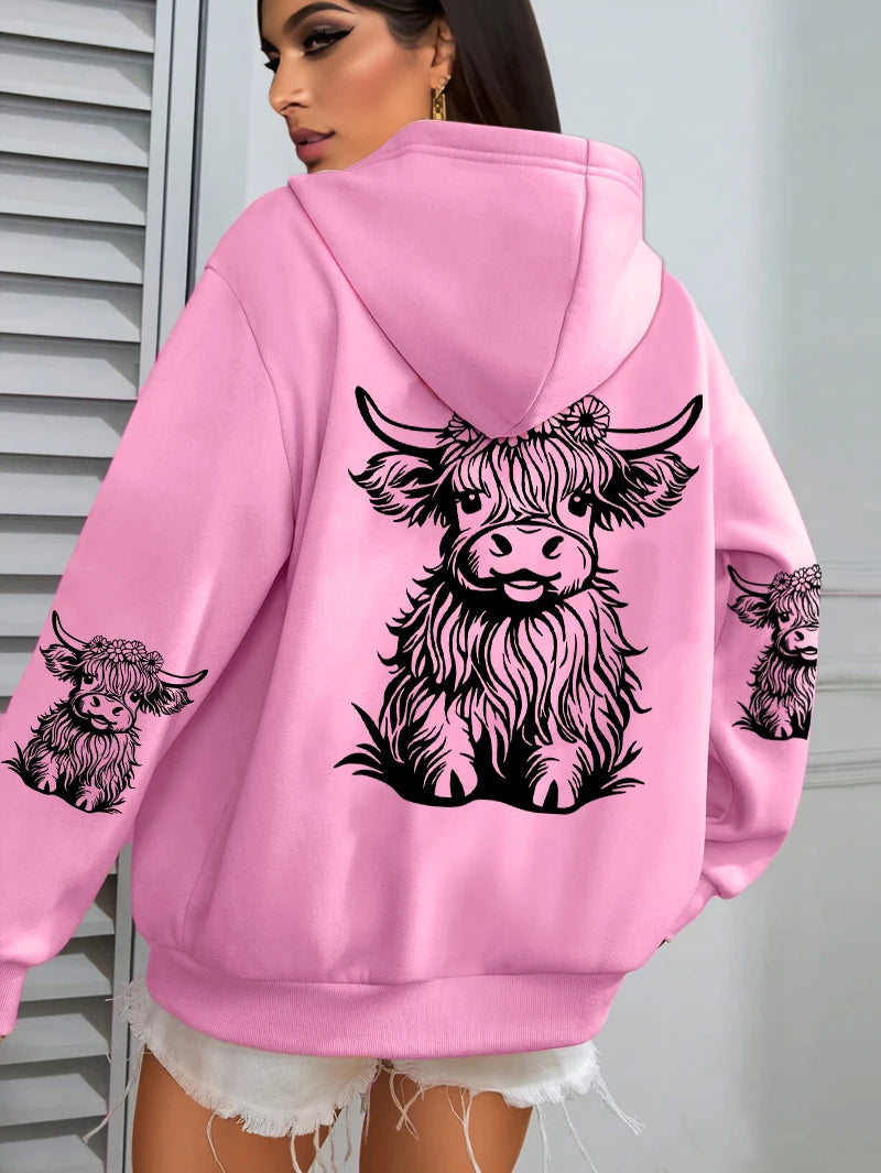Cute Hair Cow Cartoon Printing Hoodies Womens Fleece Autumn Streetwear Comfortable Casual Hoodie Y2K Pocket All-Match Hoody