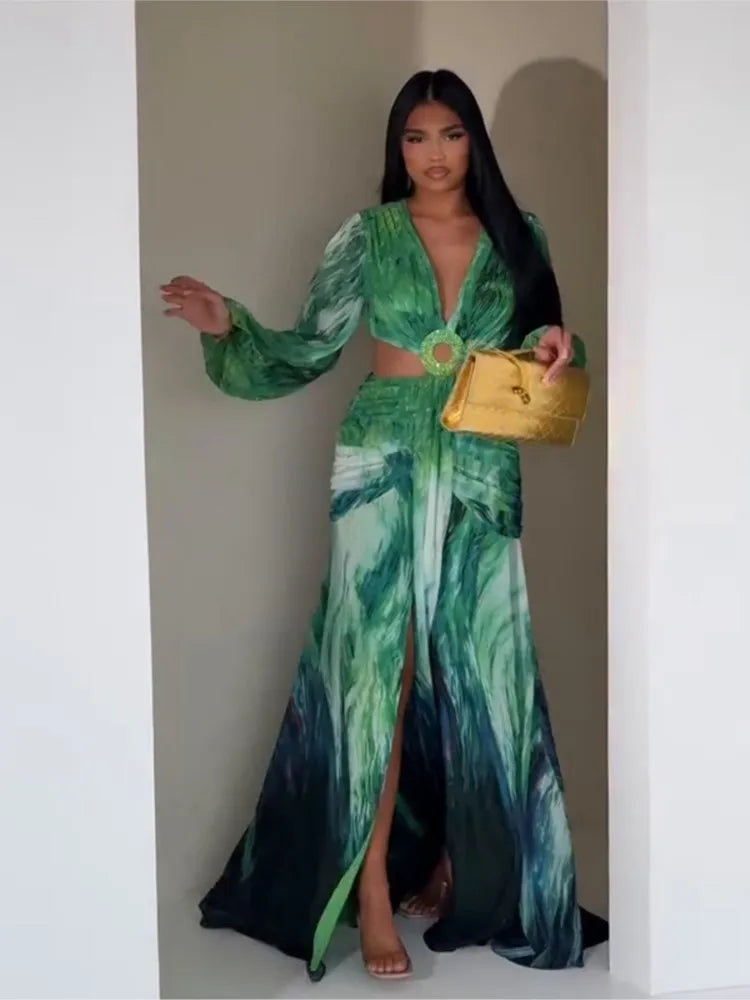 Women's Dress 2025 Fashion Summer New Vestidos Para Mujer Women's Vacation Elegant Style Long Sleeve Split Printed Slit Dresses