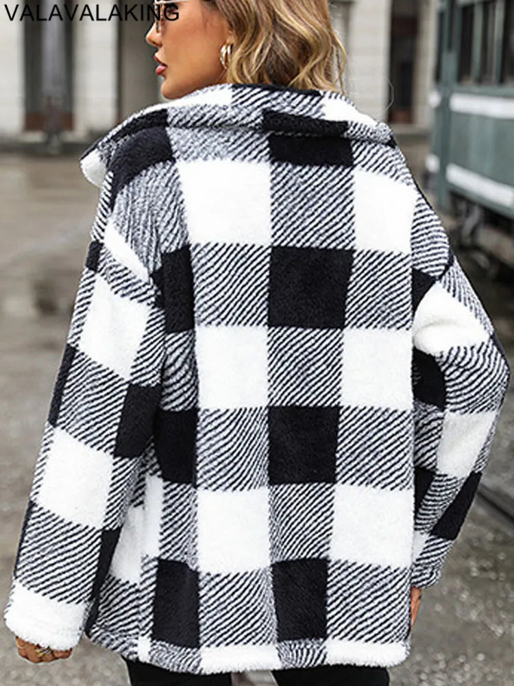 2026 Autumn Winter Long Sleeve Thick Jacket For Women Plush Warm Button Casual Coat Lady Elegant Loose Plaid Coat Female Clothes