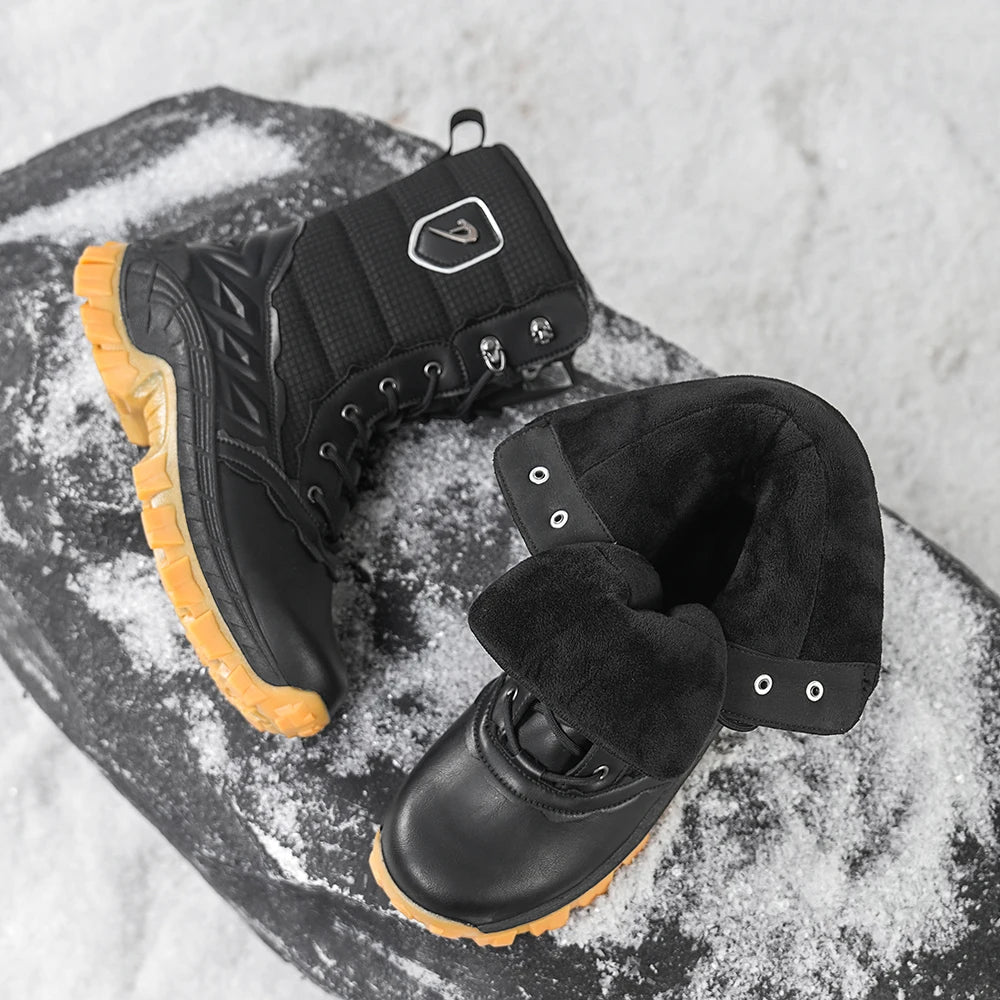 Men's Winter Snow Boots Waterproof Insulated Hiking Boots High-Top Outdoor Shoes with Warm Knit Collar, Anti-Slip Rubber Sole, C