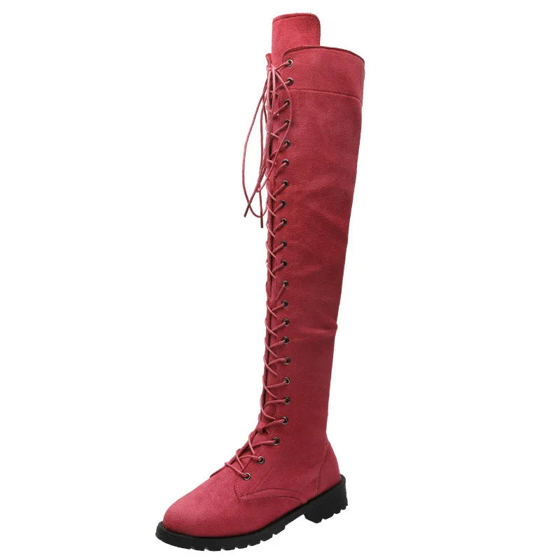 Side Zipper Lace-up Women's Long Botas Brown Black Suede Mid Heel Over-the-Knee Boots for Women Ladies Thigh High Boots Size 43