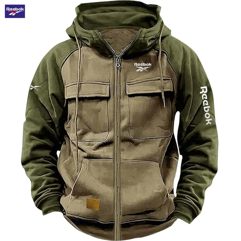 2026 Reebok New Autumn-Winter Men's Hooded Patchwork Casual Sweatshirt, Loose-Fit Fashionable Youth Multi-Pocket Padded Hoodie