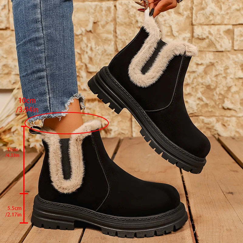 Thick Sole Fur Winter Ankle Boots Women 2026 Slip On Non Slip Plush Short Booties Mujer Plus Size 43 Platform Suede Boots Female