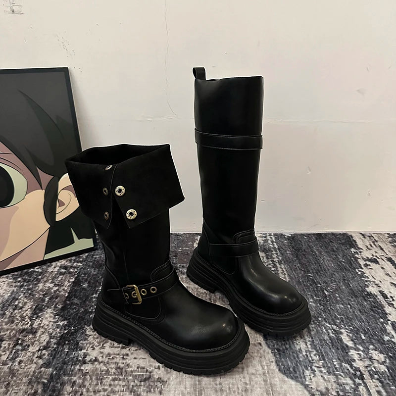 Winter Vintage Platform Thick Sole Woman Knight High Boots Concise Belt Buckle Front zipper Shoes Ladies Slim Modern Long Botas