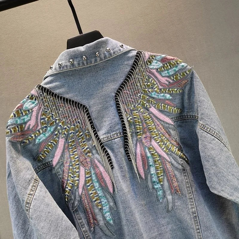 2026 New AutumnFashion Rivet Woman Denim Jacket Long Sleeve Female Jackets Jeans Coat Beading Tassel Denim Coat Outerwear
