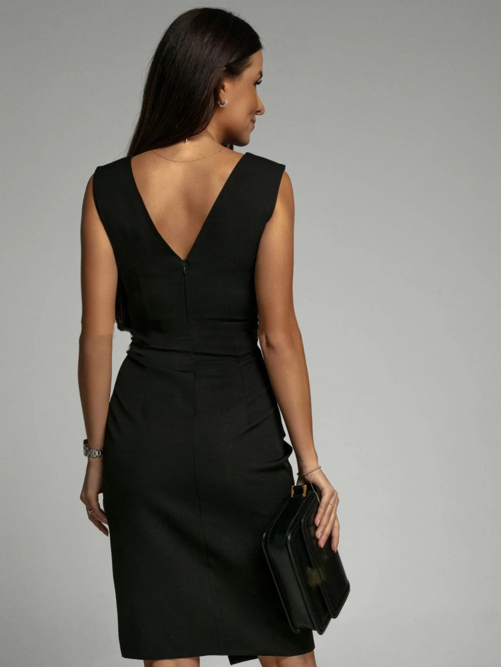 Summer Elegant Women Sexy Casual Sleeveless Office Mini Dress Fashion Solid Color V-neck High Waist Tight Side Split Dresses