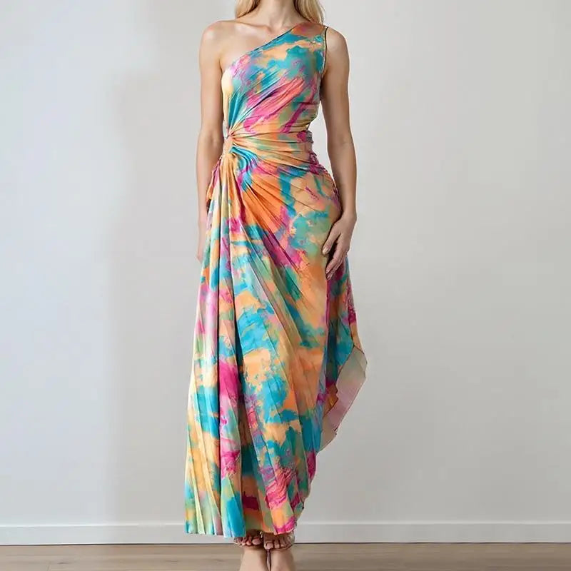 MLKSSJ Summer 2025 Ele Retro Sexy Loose Print High Waist Svel Asymmetrical Dr for Women Ci Walk Faionable