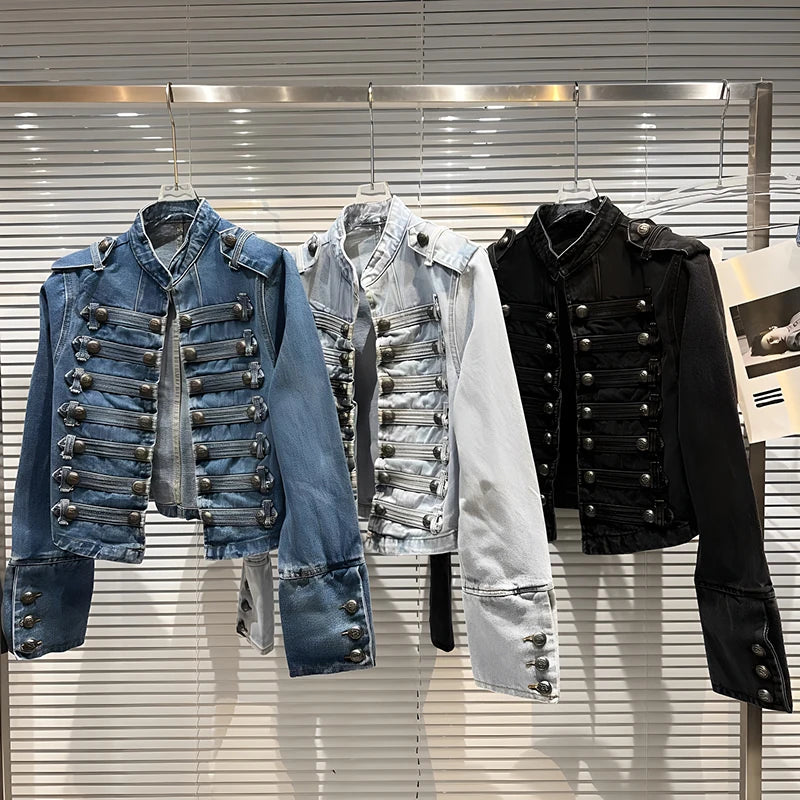 DEAT 2026 Autumn New Fashion Metal Buckle Design Shoulder Strap Denim Short Jacket For Women High Street Coat Female 11A06995