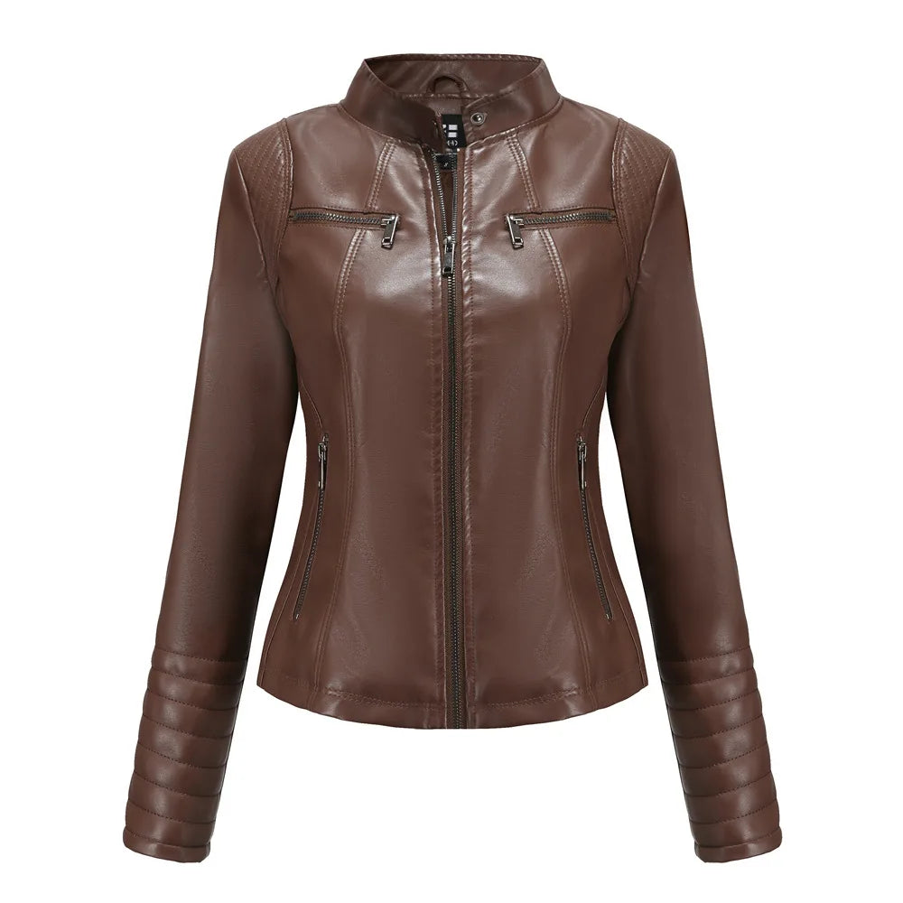 2026 Women's Bright Red V-neck Leather Jacket, Fashion Slim PU Coat, Black Short Outerwear Asia Size XS S M L XL XXL