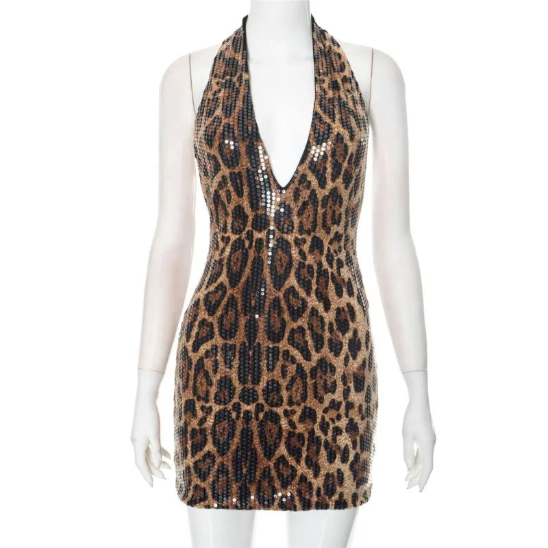 Sexy Dress Dresses 2025 Woman Vestidos Animal Print Backless Halter Neck Package Hip Sleeveless Wild Hot Girl Style Street Wind