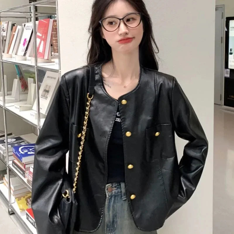 Small Fragrance Leather Jacket Women's Spring Autumn 2026New PU Leather Coat Lady Short High Sense Outerwear Popular Female Tops