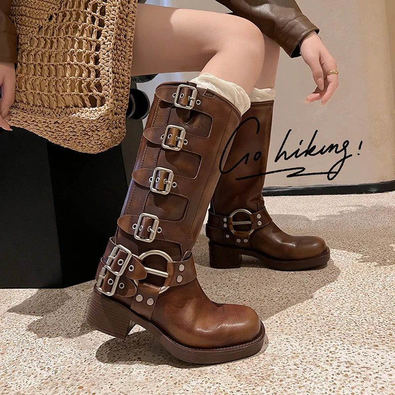 Arden Furtado Women's Cowhide Riding Boots Round Toe Pull-On Mid-Calf Genuine Leather Boots with Belt Buckle Knight Style