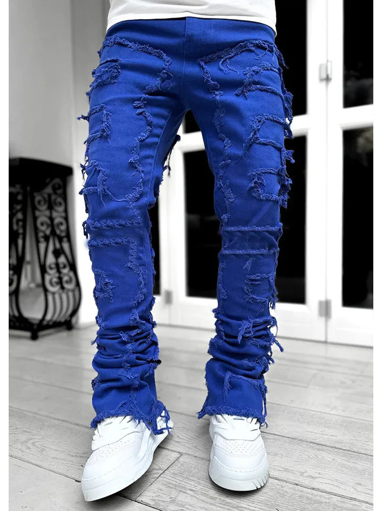 Men's Casual Distressed Jeans Tassels Patchwork Design Slim Fit Solid Color Stretch Denim Pants Straight Leg Streetwear Trousers