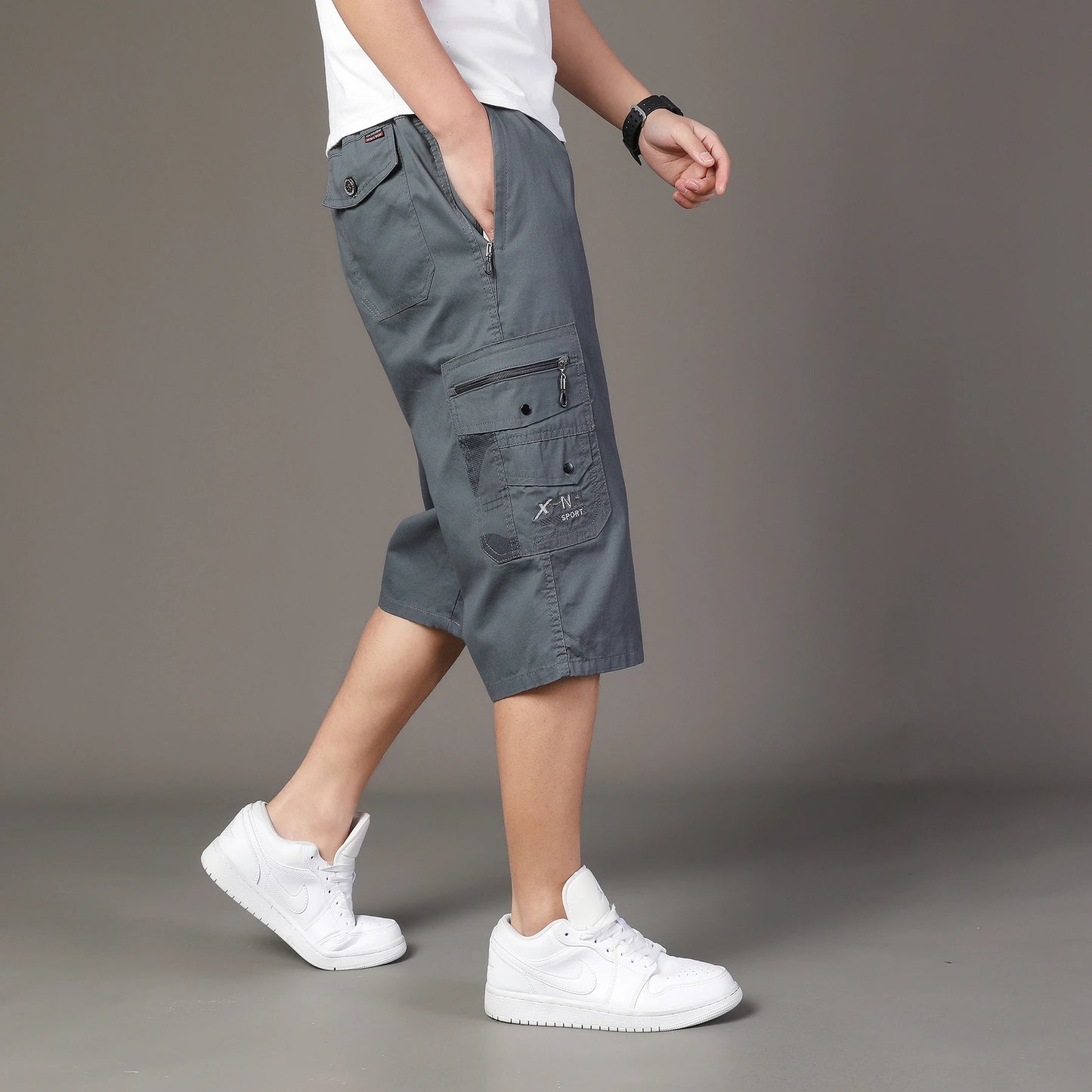 Zipper Pocket Workwear Shorts Mens Knee Cargo Pants 2026 Summer Cotton Shorts Men Climbing Jogger Elastic Waist Sports Work Wear