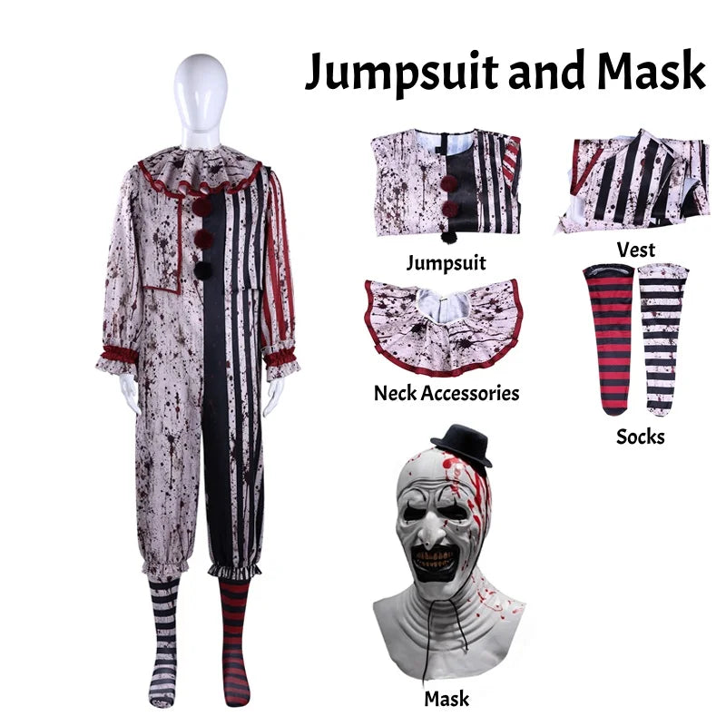 Terrifier Art The Clown Cosplay Costume Horror Joker Clown Suit Full Set Halloween Party Role Play Outfit for Men Women