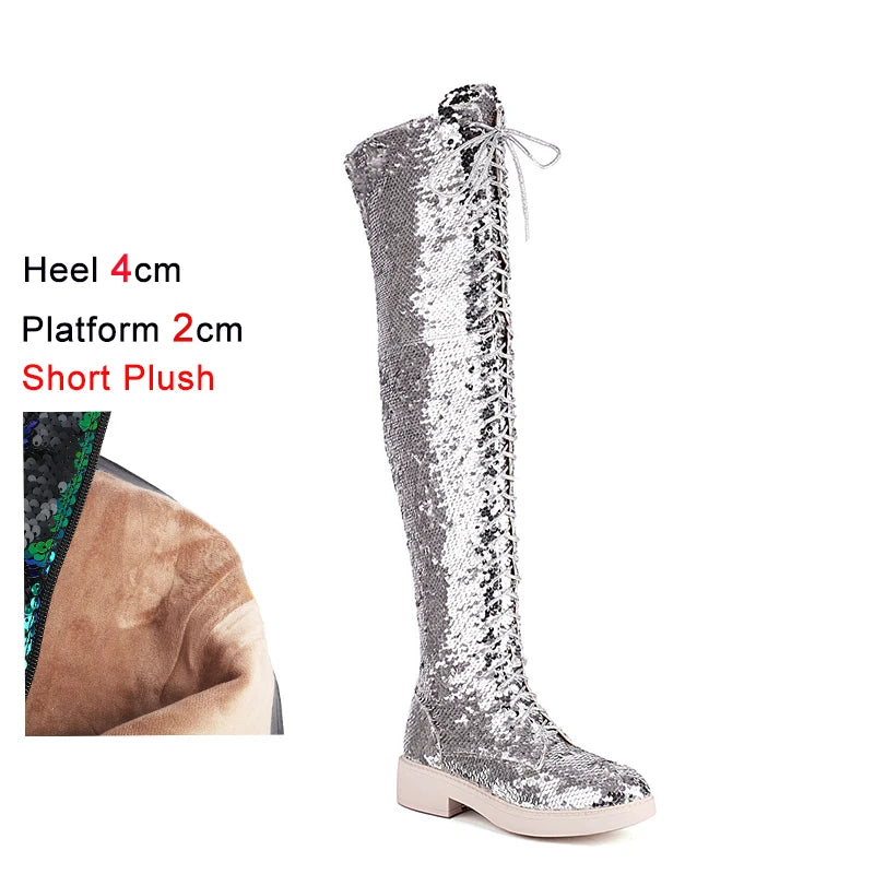 Lowheel Boots For Women Autumn Winter Thick Heels Over-knee-high Boots Shiny Sequined Club Dance Shoes Lace Up Thigh High Boots