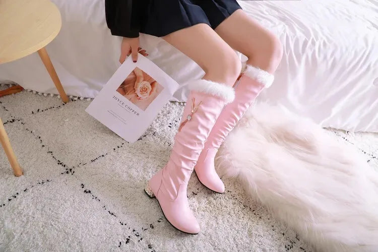 Winter Warm Knee High Boots Women Platform Wedges High Heels Snow Boots Slip on Winter Ladies Shoes White Black Pink 2025