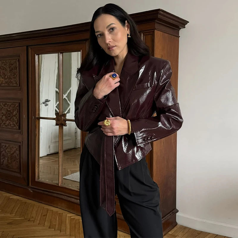 Glossy Lace-up Leather Jackets 2026 Autumn Female Lapel Shoulder Pad Full Sleeve Short Coat Women's Slim Waist-cinching Outwear