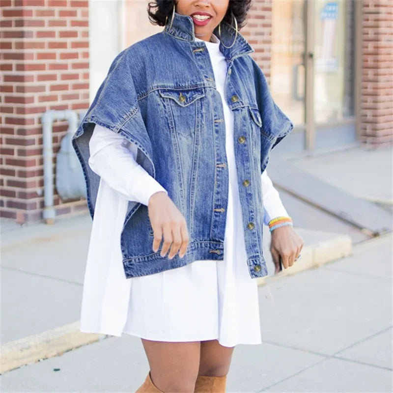 Fashion Shawl Sleeveless Denim Jacket Women Outerwear Female Vintage Lapel Single-breasted Cardigan Coat Casual Trend Streetwear