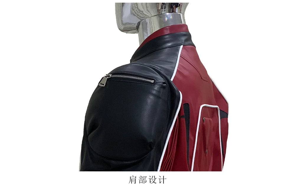 Nerazzurri Autumn Winter Short Color Block Pu Leather Racer Jacket Men Shoulder Pads Rivet Zipper Luxury Designer Clothes 2025