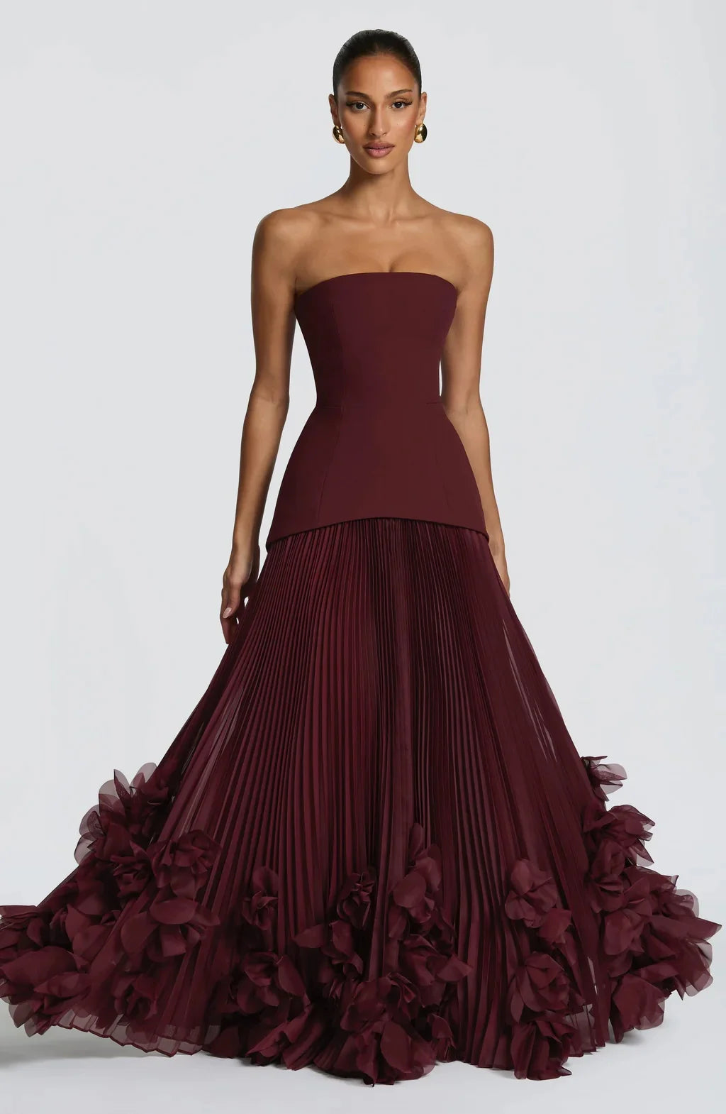 Sexy Lemon Strapless Corset Maxi Gown Sleeveless Corset Pleated Chiffon 3d Floral Hem Flowy Skirt Formal Evening Party Wear
