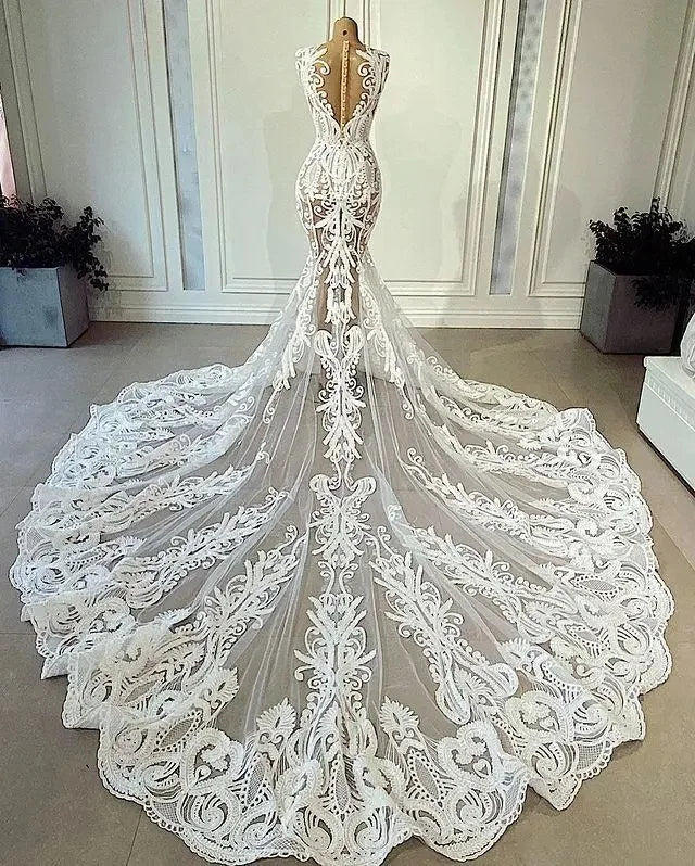 Sexy Mermaid Customized Wedding Dresses Bride Gowns Lace Appliqued African Nigerian Court Train Custom Made vestido de novia