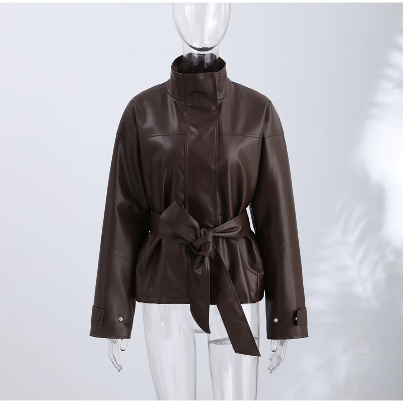 Belted Waist Stand Collar Women PU Jacket Drop Shoulder Long Sleeve Cuff Button Short Cropped Loose Faux Leather Jacket Commute