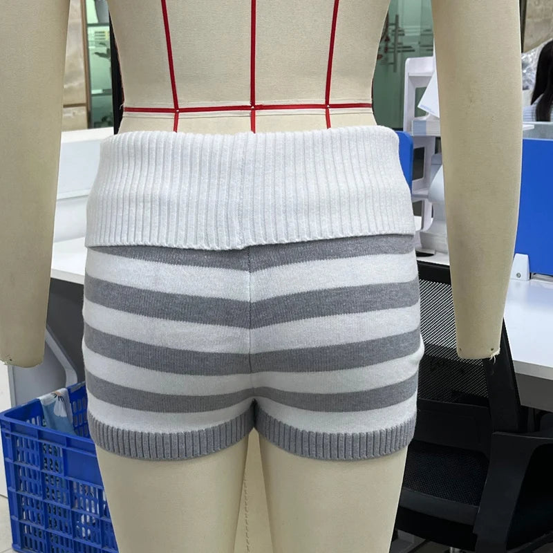 Women Striped Knit Micro Shorts Summer Fold Over Elastic Waist Slim Fit Mini Bottom Y2k Lounge Sweater Shorts Holiday Beachwear