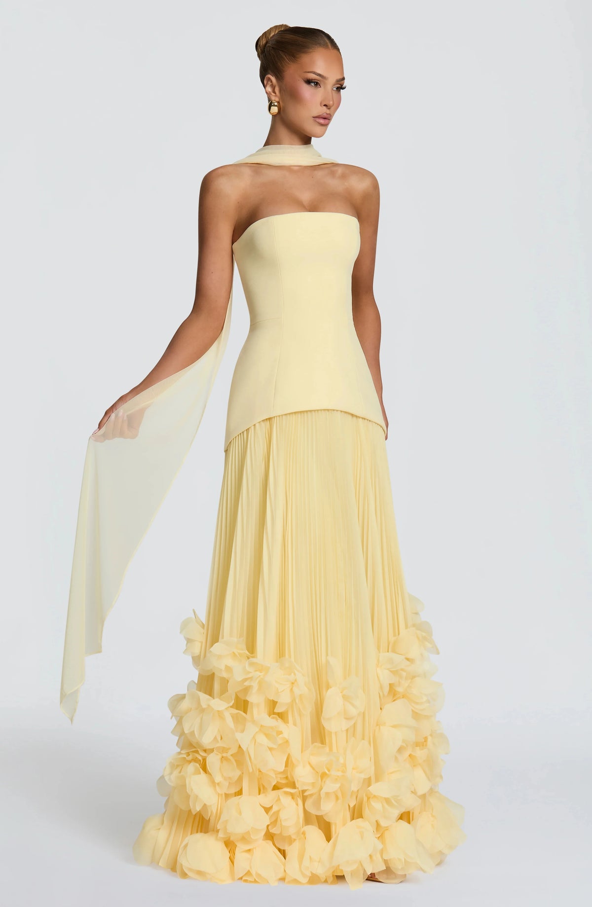 Sexy Lemon Strapless Corset Maxi Gown Sleeveless Corset Pleated Chiffon 3d Floral Hem Flowy Skirt Formal Evening Party Wear