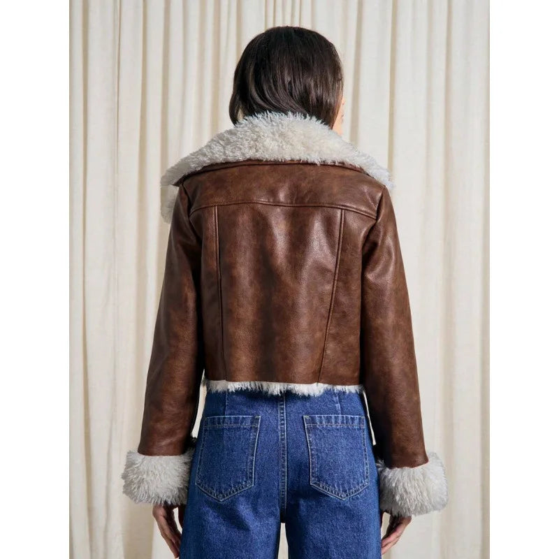 Women Brown Faux Leather Cropped Jacket  Lapel Collar Fur‑Trimmed Cuff Buckle Decor Zip‑Up Thick Warm Coat Lady Winter Outerwear