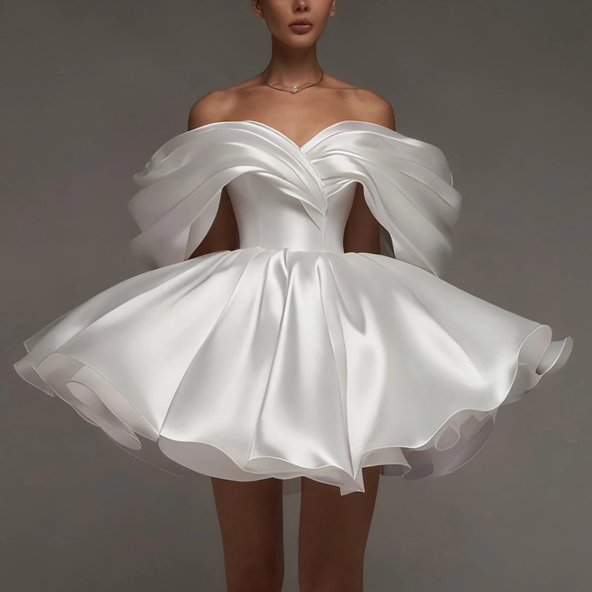 Elegant Puffy Short Wedding Dresses A Line Satin Off Shoulder Bridal Party Gown Mini Backless Ball Gown For Women Vestidos Novia