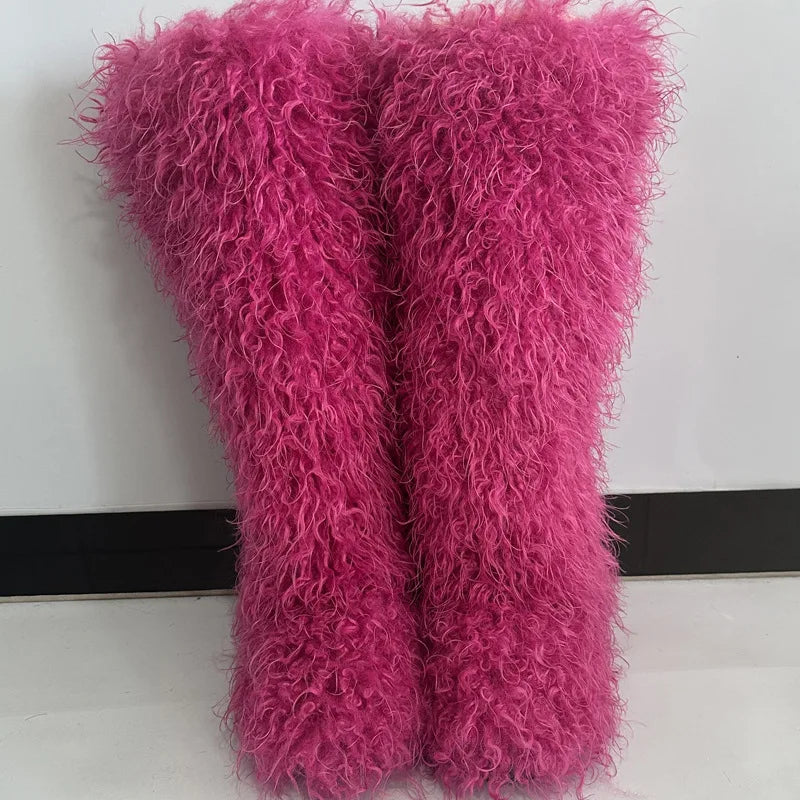 New Over The Knee Fur Boots Women Warm 72CM Long Faux Mongolian Fur Snow Boots Winter Luxury Fluffy Shoes Plush Platform Shoes