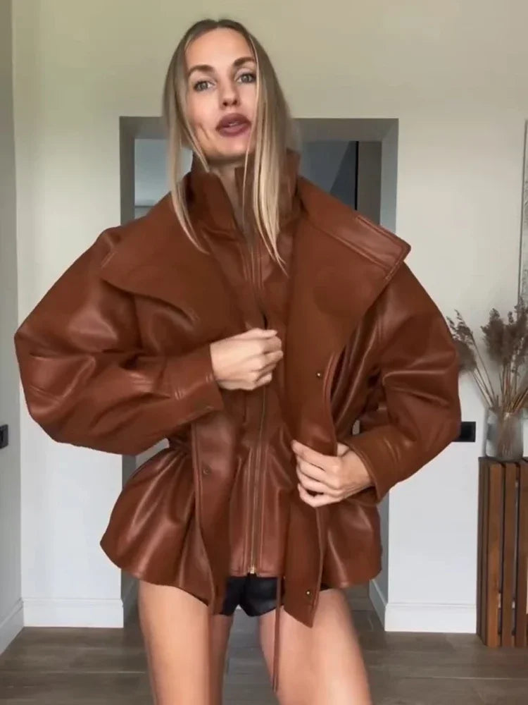 Fashion Solid Faux Leather Women's Jacket  Lapel Waist Cinching Loose Long Sleeves Coat Chic 2026 Spring Autumn New Street Wear