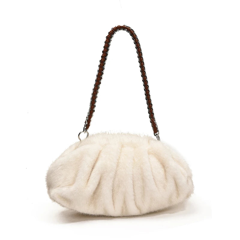 MOODS Pleated Design Faux Fur Shoulder Bags For Women 2024 Luxury Designer Purses And Handbags Winter Warm Soft Plush Hobo Bags