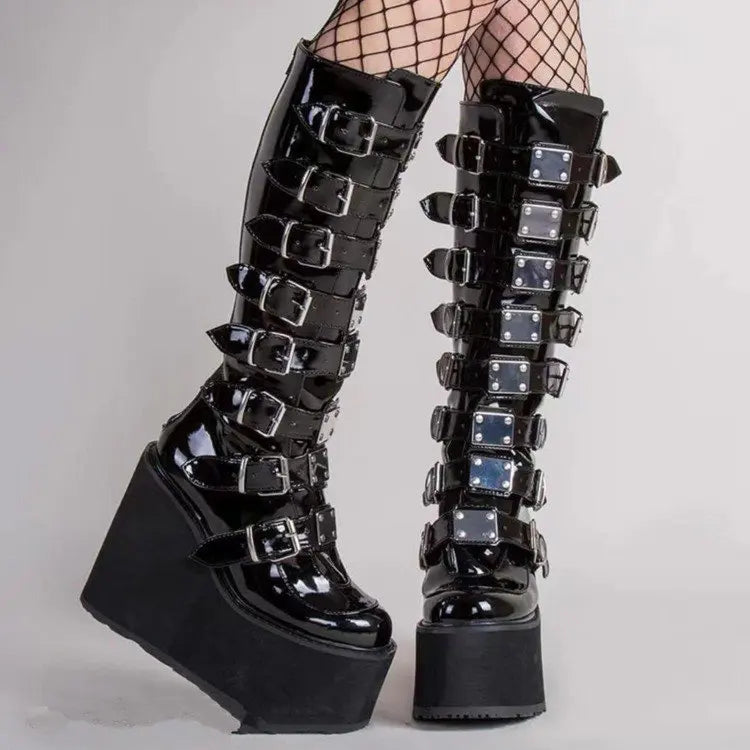 Punk Women Boots Ladies Cosplay High Boots Comfort Long Tube Leather Boots Black Platform High Wedges Women Shoes Gothic Style