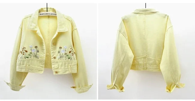 Chic Floral Embroidery Crop Denim Coats Women Lapel Long Sleeve Single Breasted Jeans Jacket Vintage Streetwear Female Outerwear