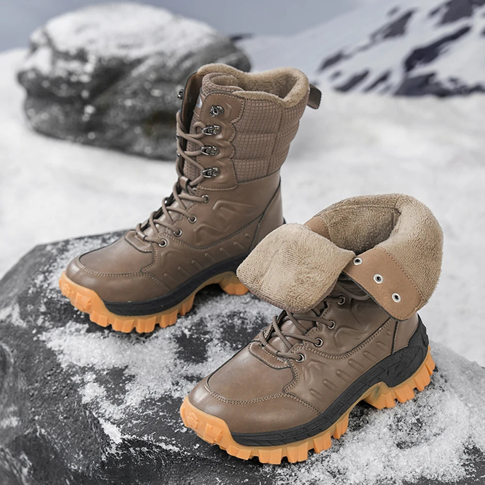 Men's Waterproof Winter Snow Boots, Anti-Slip Warm Fur Lined High-Top Outdoor Hiking Work Boots for Cold Weather