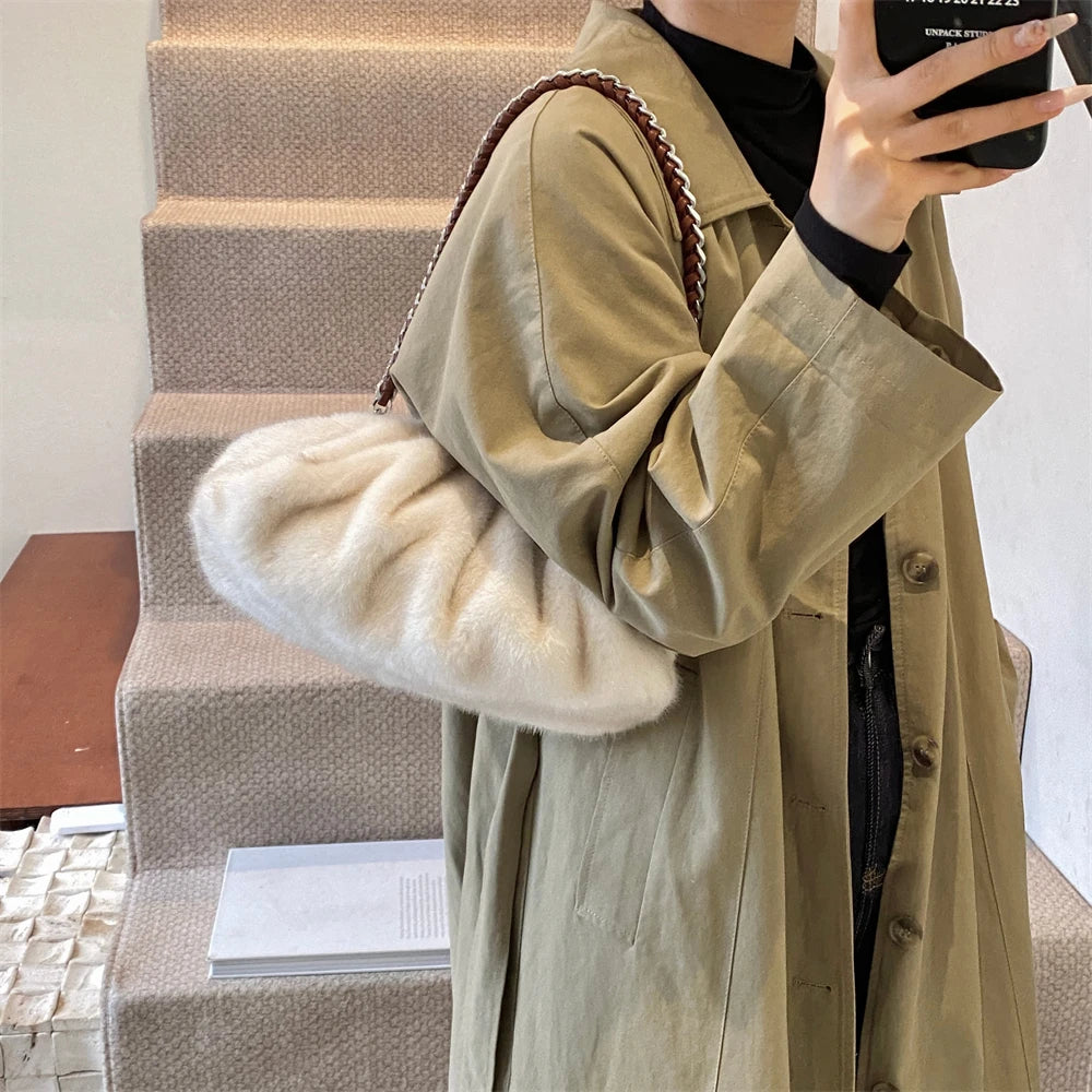MOODS Pleated Design Faux Fur Shoulder Bags For Women 2024 Luxury Designer Purses And Handbags Winter Warm Soft Plush Hobo Bags
