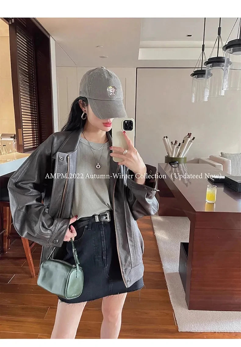 Lautaro Autumn Cool Brown Oversized Leather Jacket Women Drop Shoulder Long Sleeve Zippper High Quality American Retro Clothing